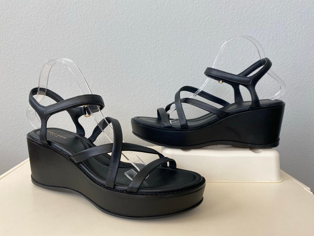 Cole Haan Grand Ambition Azzura Black Leather Wedge Sandals 10.5 B NIB Chunky